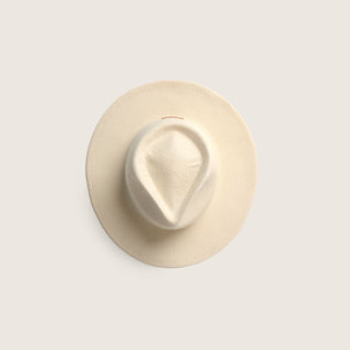Overhead view of the Will & Bear Calloway Bone white straw felt fedora, showcasing its centre crease and wide brim.