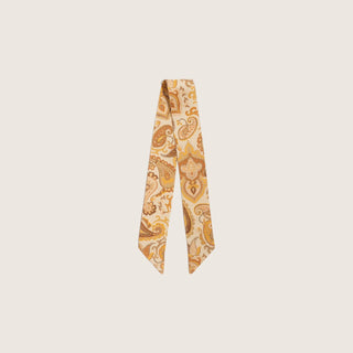 Will & Bear Hat Scarf Mustard laid flat to show full length and floral paisley print in golden yellow tones.
