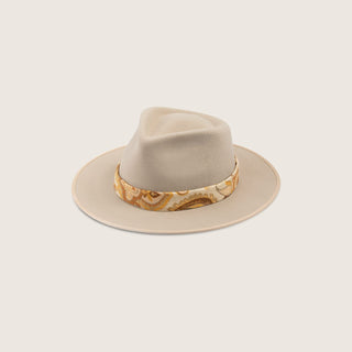 Will & Bear Hat Scarf Mustard wrapped around a light-coloured wide brim hat, displayed on a neutral background.