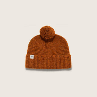 Will & Bear Orange Wool Pom Pom Beanie – Tasman Ochre – full front view of warm ribbed beanie in earthy ochre tone.
