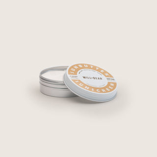 Will & Bear W&B SunButter Sunscreen – Reef Safe SPF 50 – open tin showing creamy texture in plastic-free, travel-ready packaging.