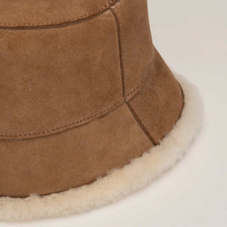 Close-up of Will & Bear Teddy Chestnut Wool UGG Bucket Hat showing premium stitching and shearling trim