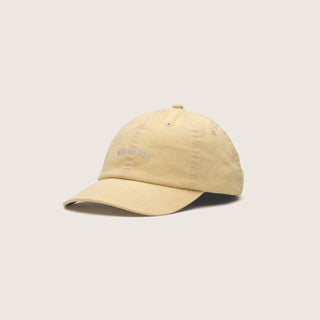 Will & Bear Yellow Vintage Dad Cap – Riley Gold – angled front view featuring embroidered "More Trees" detail on organic cotton, displayed on a neutral background.
