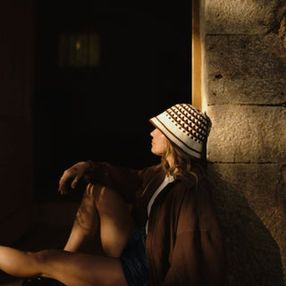Lifestyle photo of womens Chelsea Brown wool crochet bucket hat