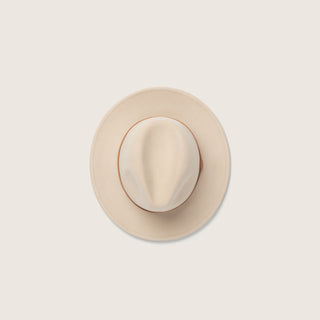 Top view of Will & Bear William Cream white felt fedora hat – structured crown with crushable design ideal for travel.