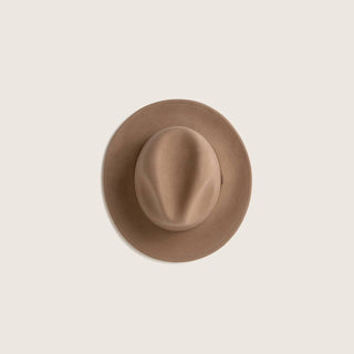 Top view of Will & Bear William Oak wool felt fedora hat – wide brim, light brown tone, travel-ready design.