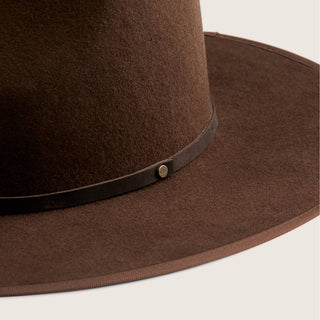 Close-up of Will & Bear Andy Auburn Dark Brown Country Hat highlighting premium wool felt and signature band detail