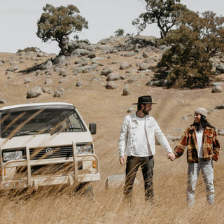 Couple dressed in casual outdoor gear with Will & Bear Black Wide Brim Hats, ready for adventure