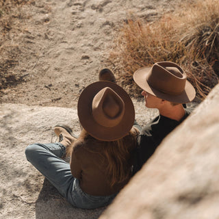 Outdoor rest with Will & Bear Brown Wide Brim Fedoras, highlighting rugged lifestyle and travel spirit