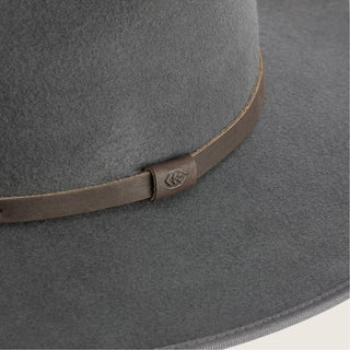 Close-up image of the Will & Bear Calloway Ash wide brim felt fedora hat, showcasing the wool texture and leather band.