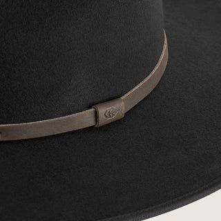 Close-up detail of Will & Bear Calloway Black Wide Brim Hat showcasing wool felt texture and leather band