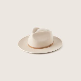 Will & Bear Calloway Cream white sun felt hat with wide brim, crafted from sustainable wool, shown on a neutral backdrop.