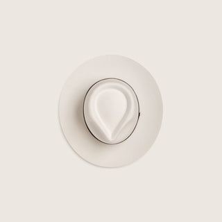Overhead view of the Will & Bear Cooper Bone White Upturned Fedora, showing internal band and teardrop crown shape.