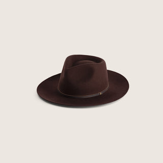 Will & Bear Cooper Coffee Brown Western Hat on neutral background, featuring wool felt material and curved upturned brim.