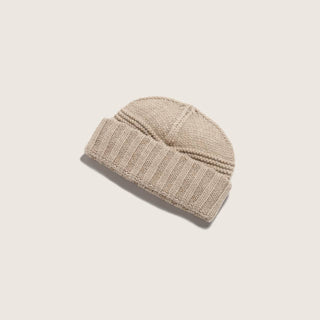 Will & Bear Doc Fawn Wool Fisherman’s Beanie on neutral background, featuring soft ribbed knit and natural fawn colour.