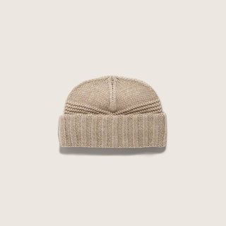 Straight-on view of the Will & Bear Doc Fawn Wool Fisherman’s Beanie showing classic cuffed style and seamless knit.