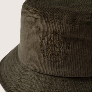 Close-up of Will & Bear Earth Bucket Organic Hemp Bucket Hat showing textured weave and subtle embroidered logo.