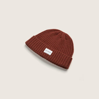 Will & Bear Levi Copper Burnt Red Wool Beanie on a neutral background, featuring ribbed knit and branded patch.