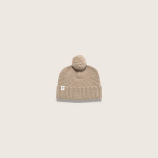Front View of Will & Bear Little Tasman Fawn Kids Wool Cream Beanie – Pom Pom and Ribbed Detail